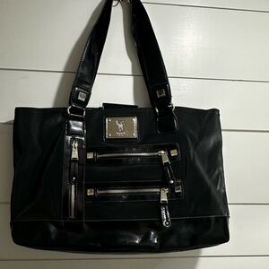 Tignanello Womens Black Vinyl Large Shoulder Bag Tote Yellow Lining